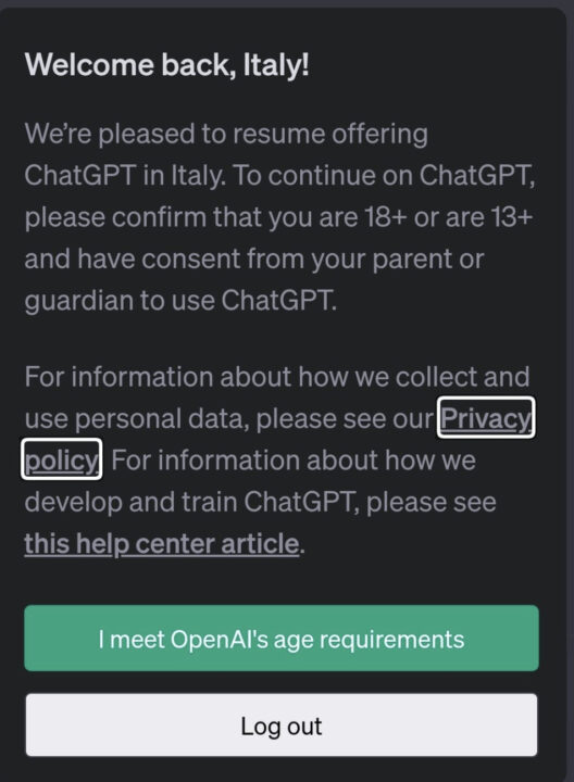 ChatGPT è di nuovo disponibile in Italia: rispettate norme privacy