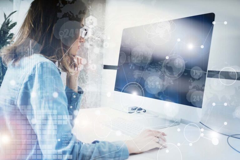 Woman,Working,Modern,Desktop,Monitor,Hand,Use,Mouse.account,Manager,Researching