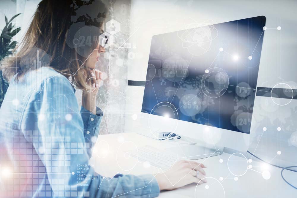 Woman,Working,Modern,Desktop,Monitor,Hand,Use,Mouse.account,Manager,Researching