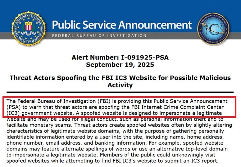 Avvertimento dell'FBI circa l'esistenza di cloni del sito IC3.gov